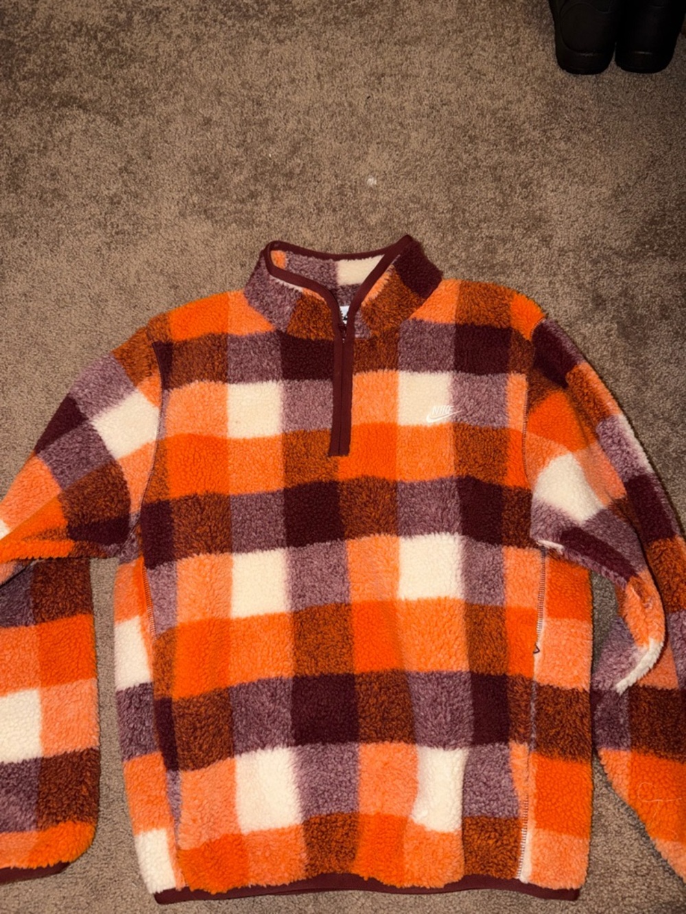 Nike Men’s Orange Burgundy Cream Plaid Sherpa Quarter-Zip Sweater